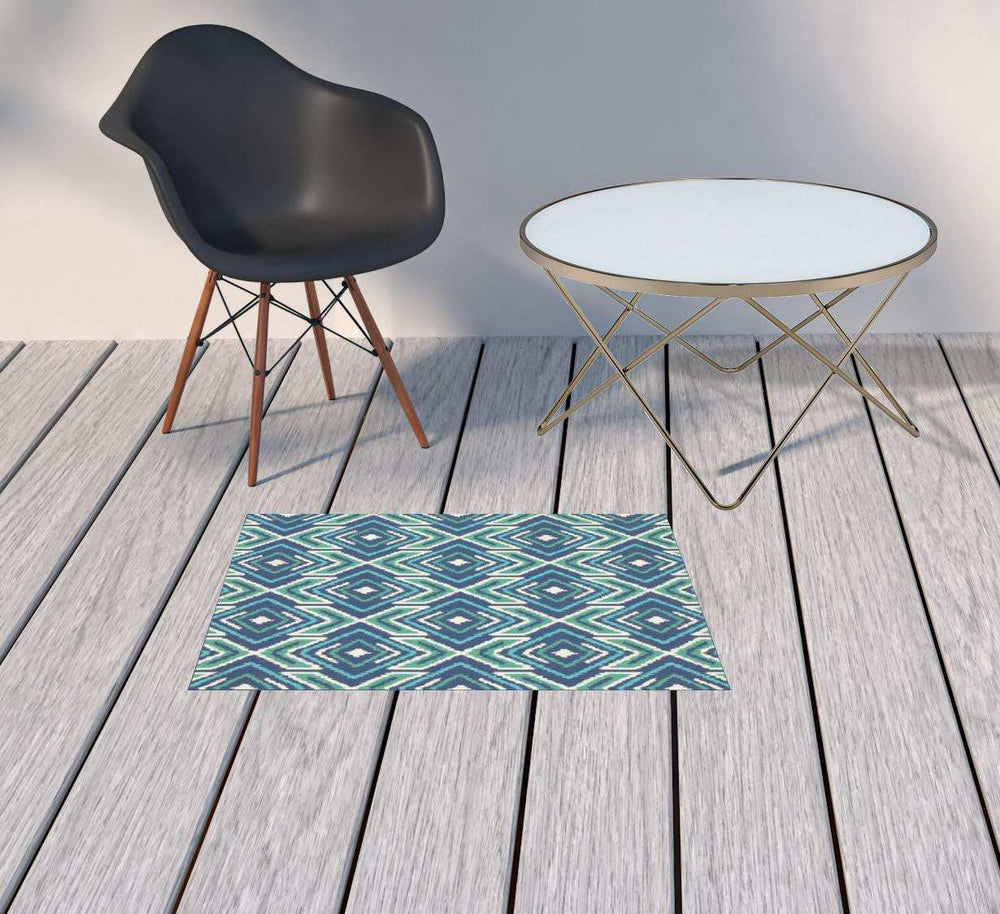 2' X 3' Blue and Ivory Geometric Stain Resistant Indoor Outdoor Area Rug - Homeroots - Flyclothing LLC