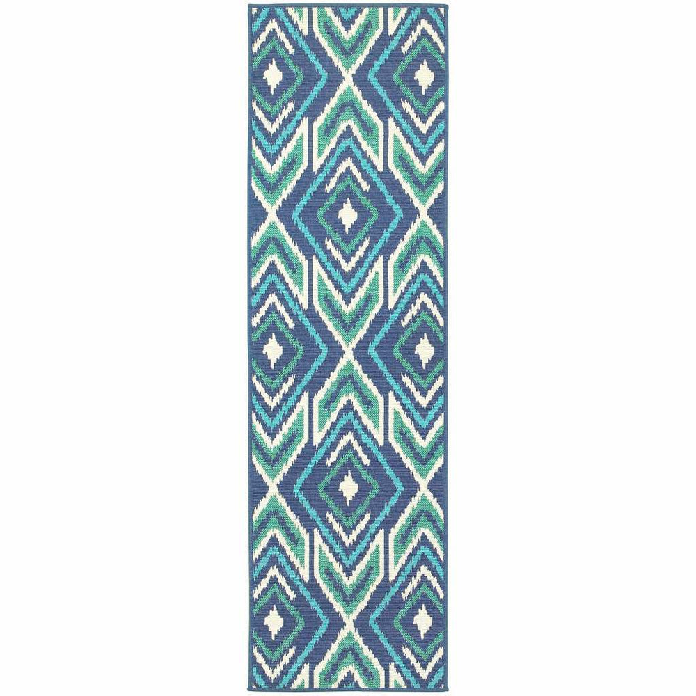 2' X 8' Blue and Ivory Geometric Stain Resistant Indoor Outdoor Area Rug - Homeroots - Flyclothing LLC