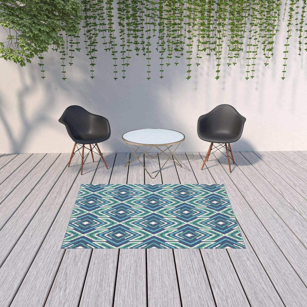 5' X 8' Blue and Ivory Geometric Stain Resistant Indoor Outdoor Area Rug - Homeroots - Flyclothing LLC
