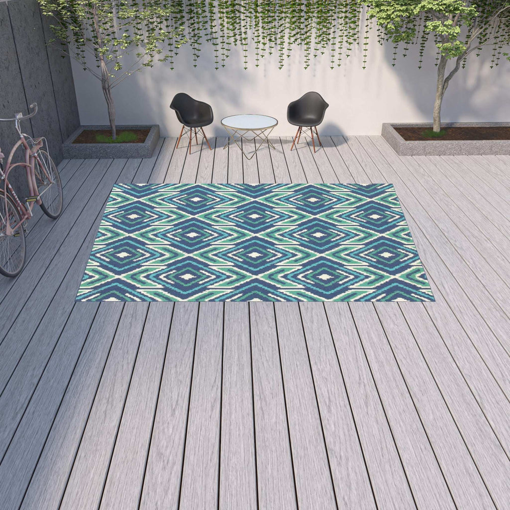 9' X 13' Blue and Ivory Geometric Stain Resistant Indoor Outdoor Area Rug - Homeroots - Flyclothing LLC