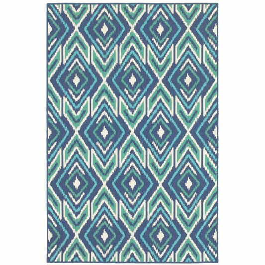 9' X 13' Blue and Ivory Geometric Stain Resistant Indoor Outdoor Area Rug - Homeroots - Flyclothing LLC