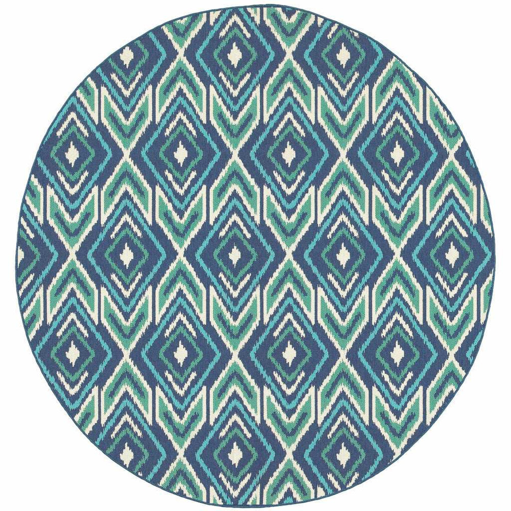 8' X 8' Blue and Ivory Round Geometric Stain Resistant Indoor Outdoor Area Rug - Homeroots - Flyclothing LLC