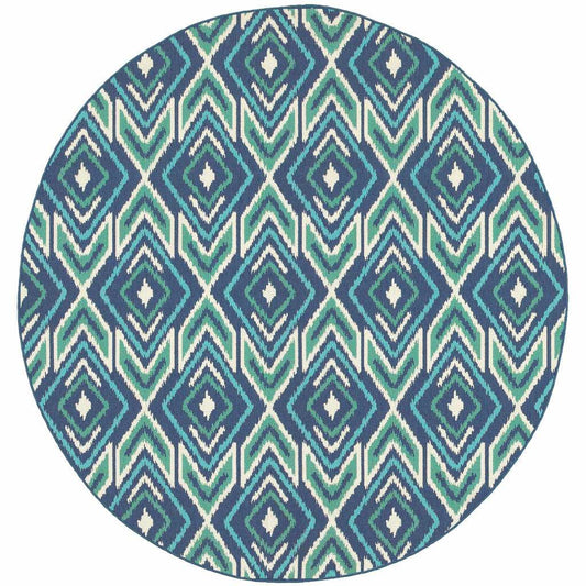 8' X 8' Blue and Ivory Round Geometric Stain Resistant Indoor Outdoor Area Rug - Homeroots - Flyclothing LLC