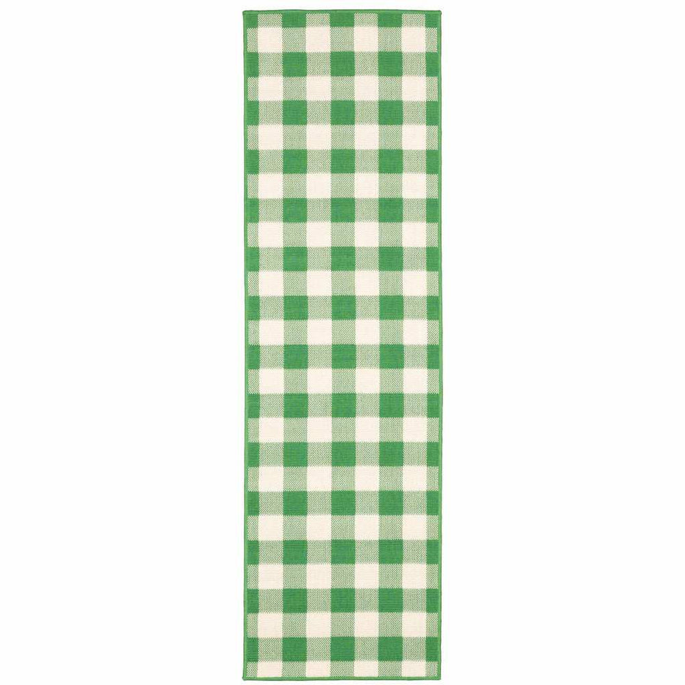 2' X 8' Green and Ivory Geometric Stain Resistant Indoor Outdoor Area Rug - Homeroots - Flyclothing LLC