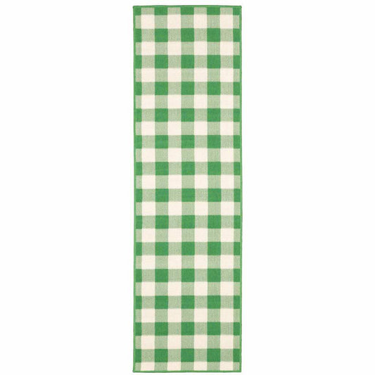 2' X 8' Green and Ivory Geometric Stain Resistant Indoor Outdoor Area Rug - Homeroots - Flyclothing LLC