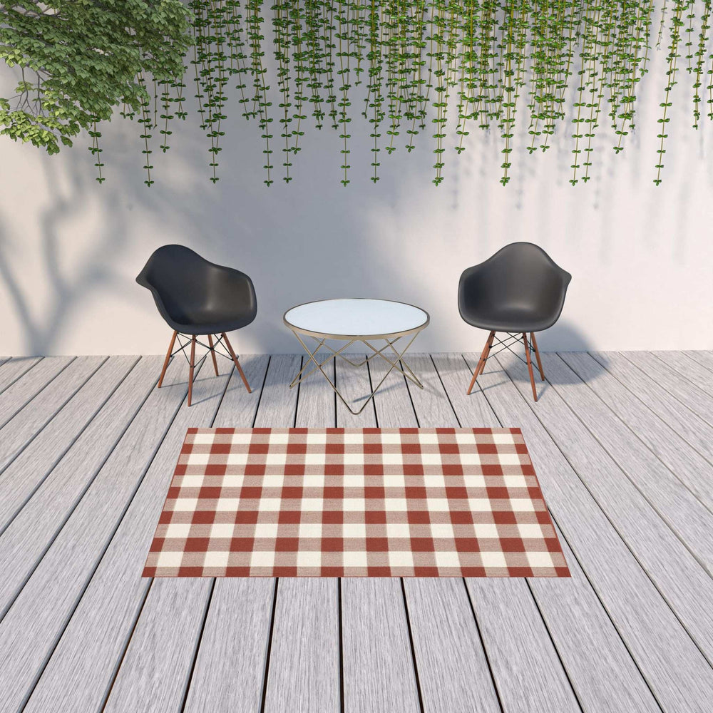 5' X 8' Red and Ivory Geometric Stain Resistant Indoor Outdoor Area Rug - Homeroots - Flyclothing LLC