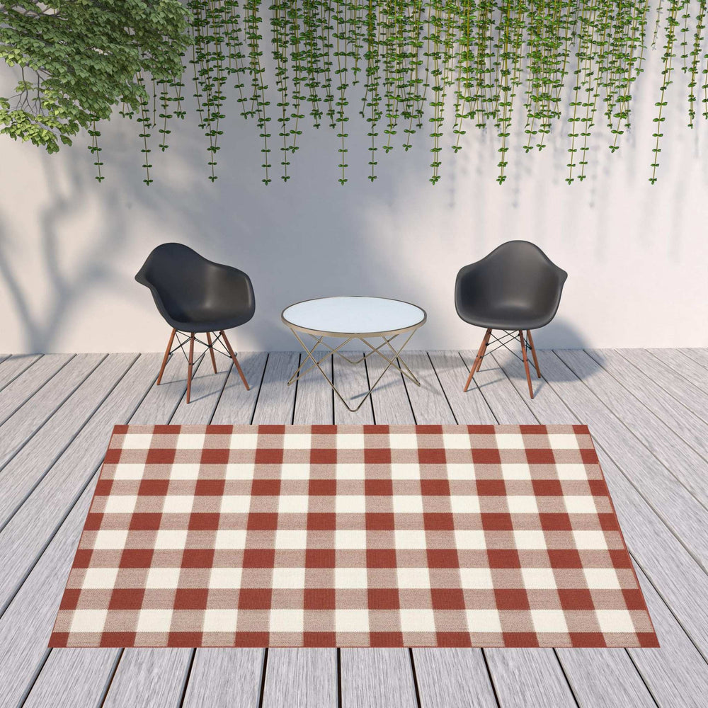 8' X 11' Red and Ivory Geometric Stain Resistant Indoor Outdoor Area Rug - Homeroots - Flyclothing LLC