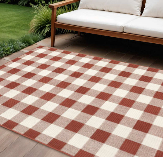 9' X 13' Red and Ivory Geometric Stain Resistant Indoor Outdoor Area Rug - Homeroots - Flyclothing LLC