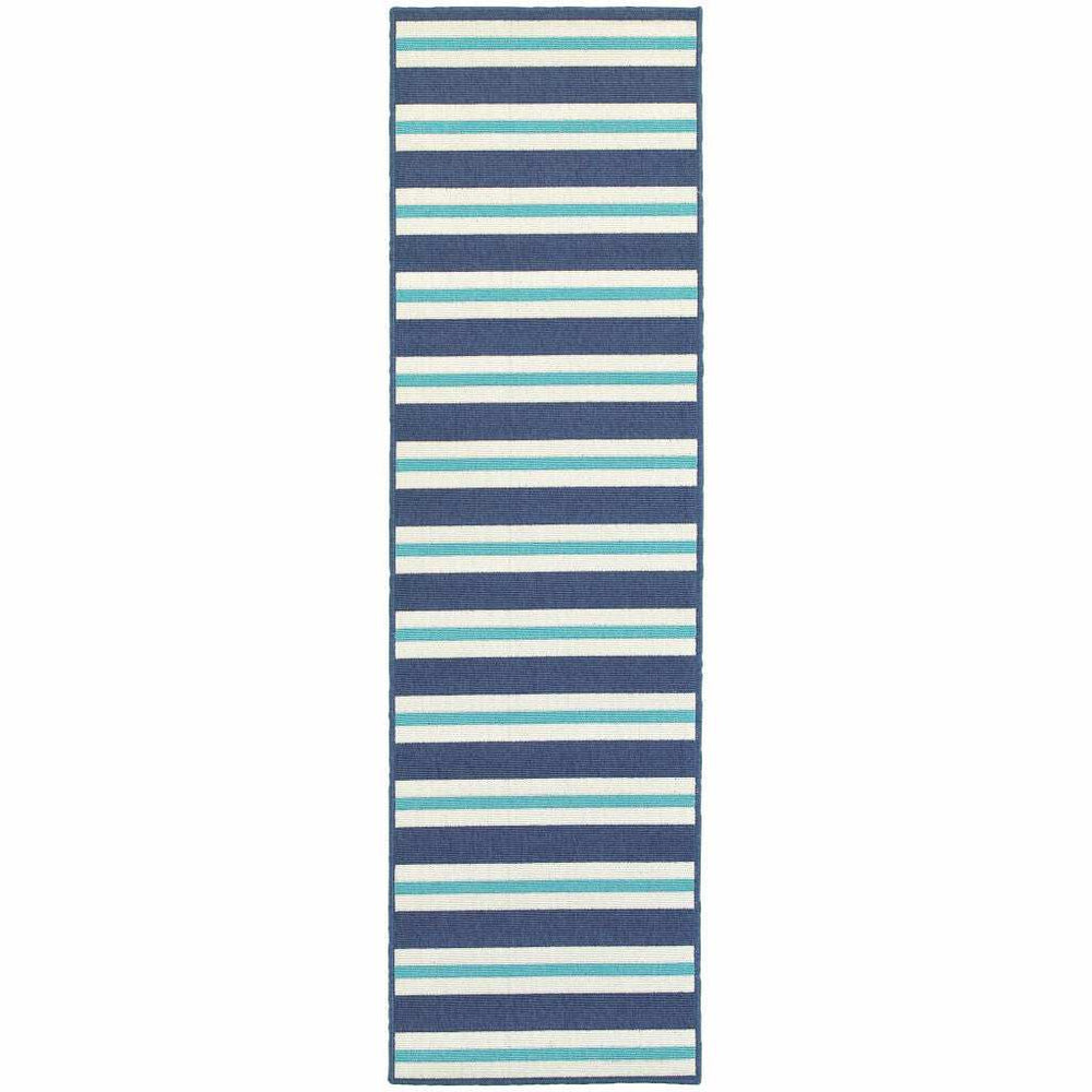 2' X 8' Blue and Ivory Geometric Stain Resistant Indoor Outdoor Area Rug - Homeroots - Flyclothing LLC