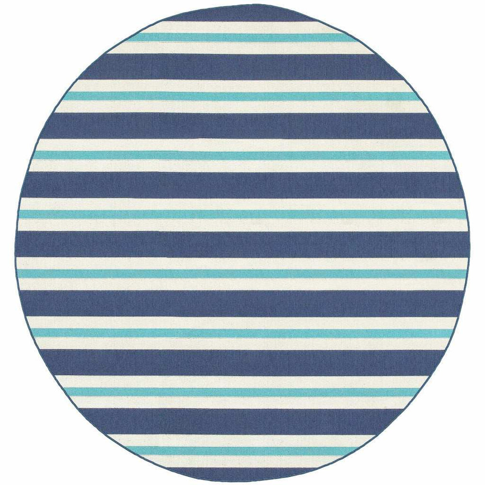 8' X 8' Blue and Ivory Round Geometric Stain Resistant Indoor Outdoor Area Rug - Homeroots - Flyclothing LLC