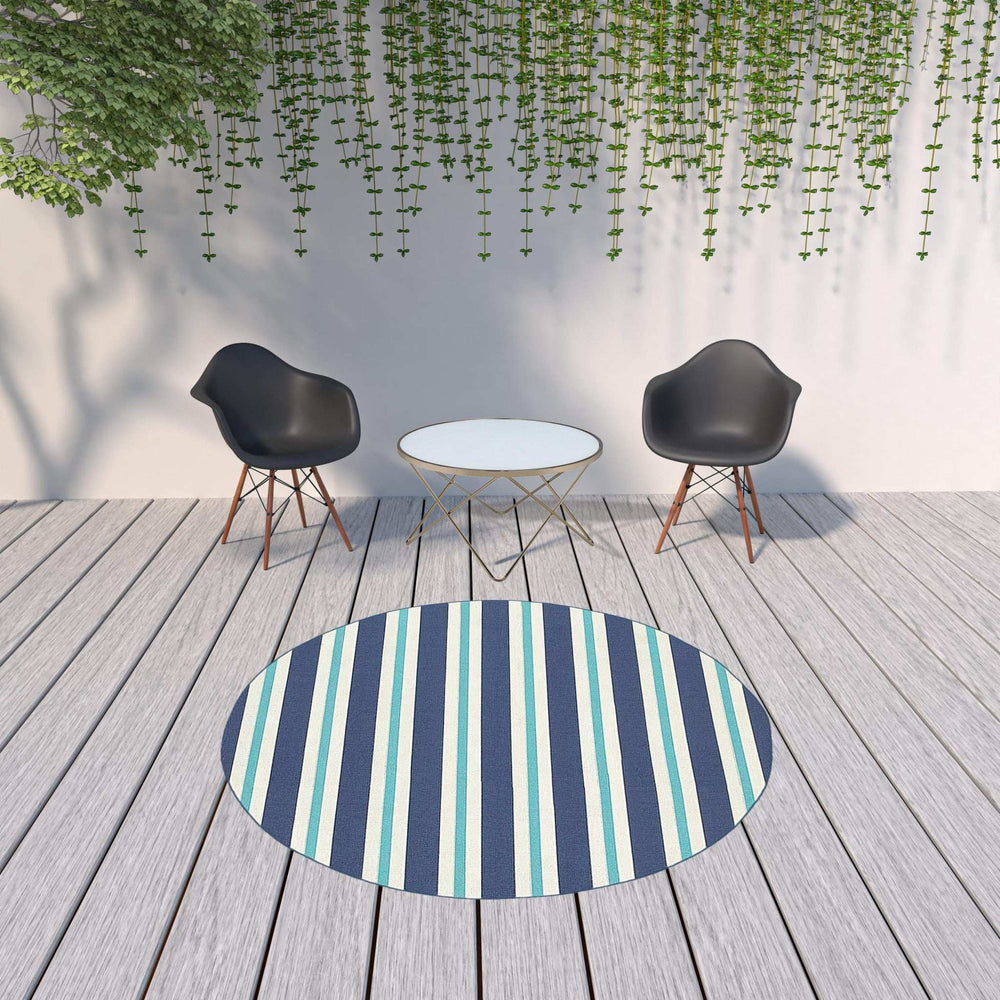 8' X 8' Blue and Ivory Round Geometric Stain Resistant Indoor Outdoor Area Rug - Homeroots - Flyclothing LLC