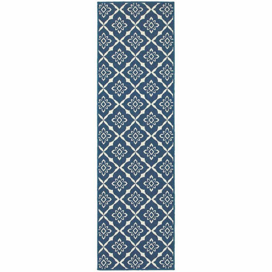 2' X 8' Blue and Ivory Floral Stain Resistant Indoor Outdoor Area Rug - Homeroots - Flyclothing LLC