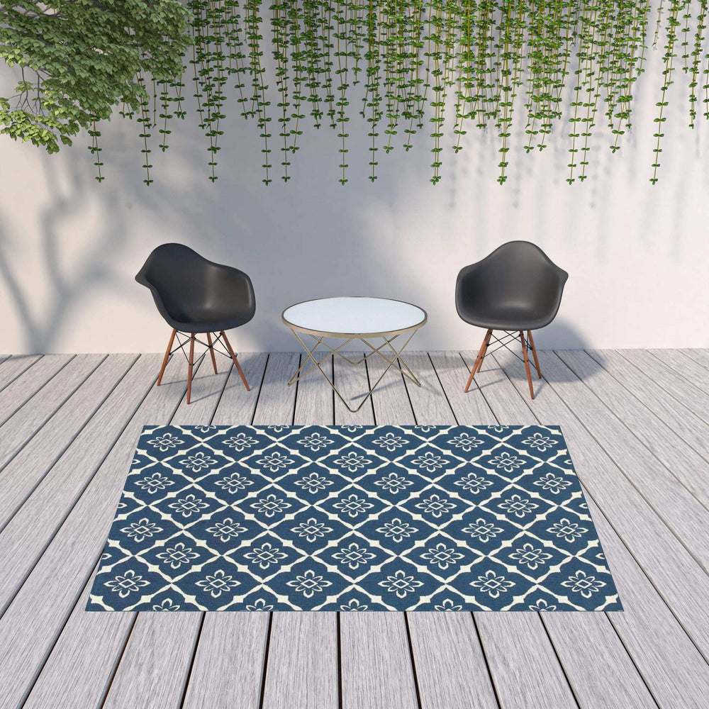 7' x 10' Blue and Ivory Floral Stain Resistant Indoor Outdoor Area Rug - Homeroots - Flyclothing LLC