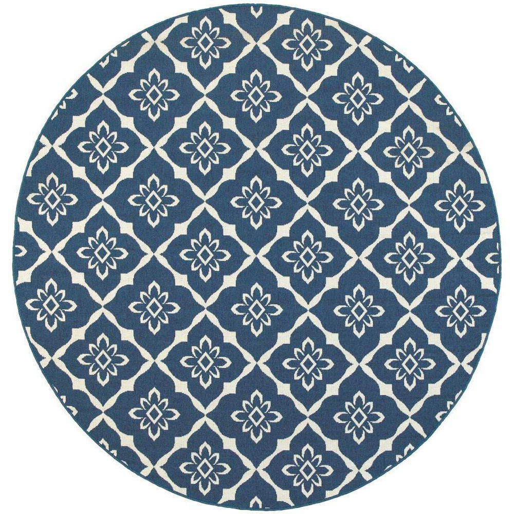 8' X 8' Blue and Ivory Round Floral Stain Resistant Indoor Outdoor Area Rug - Homeroots - Flyclothing LLC