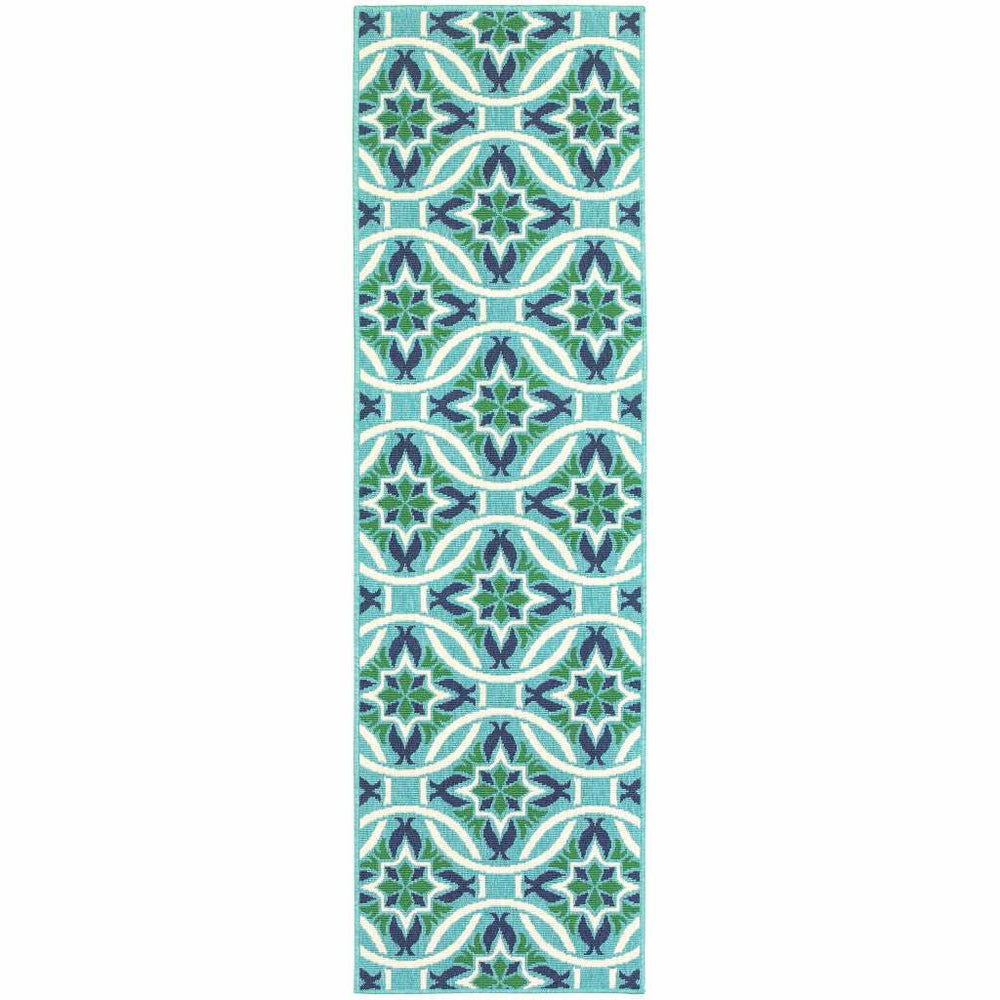 2' X 8' Blue and Green Geometric Stain Resistant Indoor Outdoor Area Rug - Homeroots - Flyclothing LLC