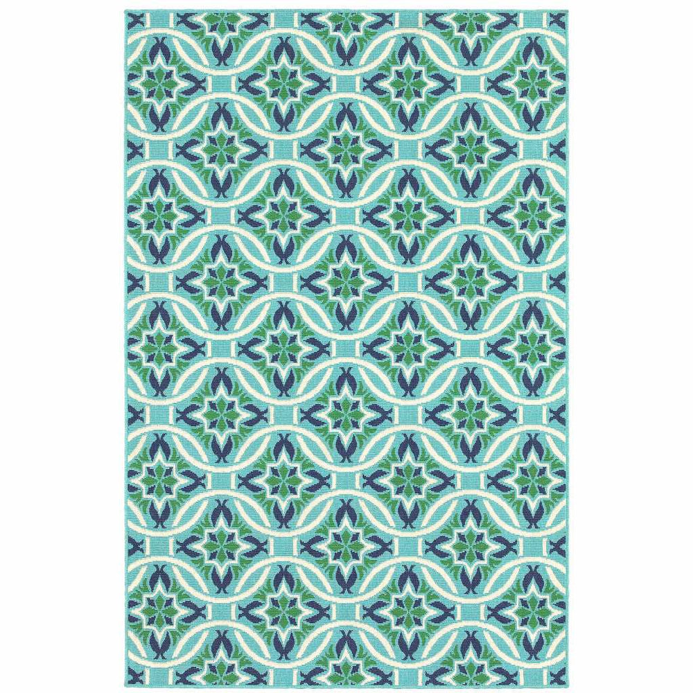 5' X 8' Blue and Green Geometric Stain Resistant Indoor Outdoor Area Rug - Homeroots - Flyclothing LLC