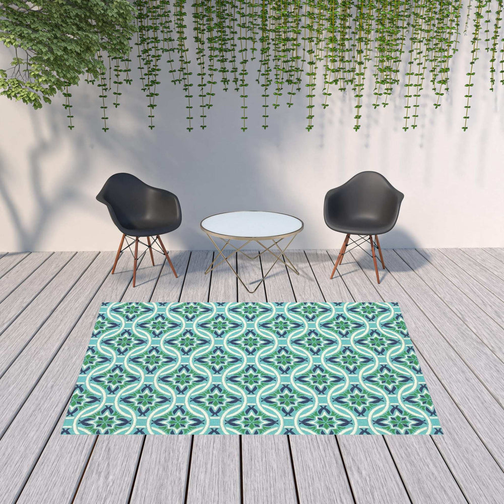 7' X 10' Blue and Green Geometric Stain Resistant Indoor Outdoor Area Rug - Homeroots - Flyclothing LLC