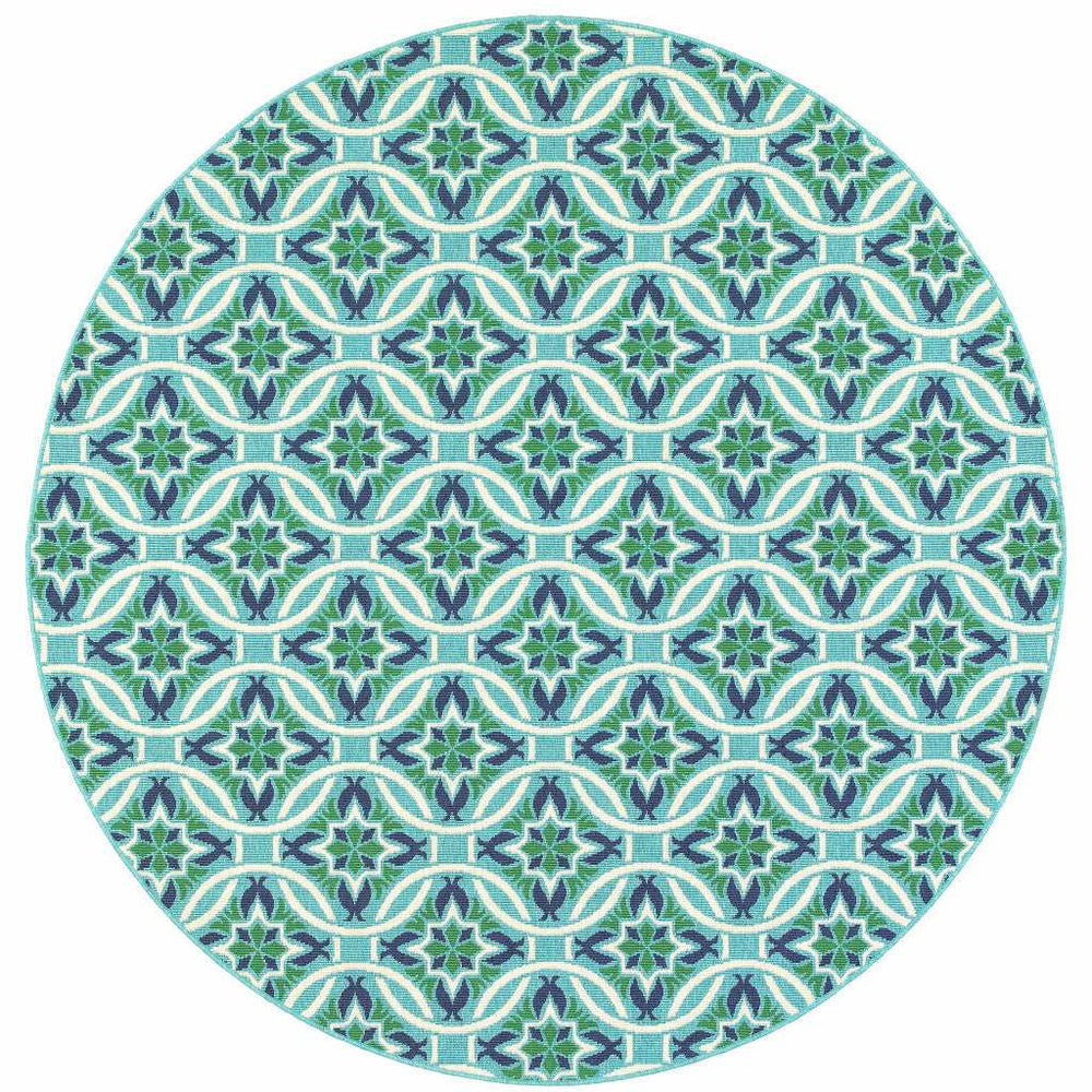 8' X 8' Blue and Green Round Geometric Stain Resistant Indoor Outdoor Area Rug - Homeroots - Flyclothing LLC