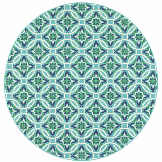 8' X 8' Blue and Green Round Geometric Stain Resistant Indoor Outdoor Area Rug - Homeroots - Flyclothing LLC