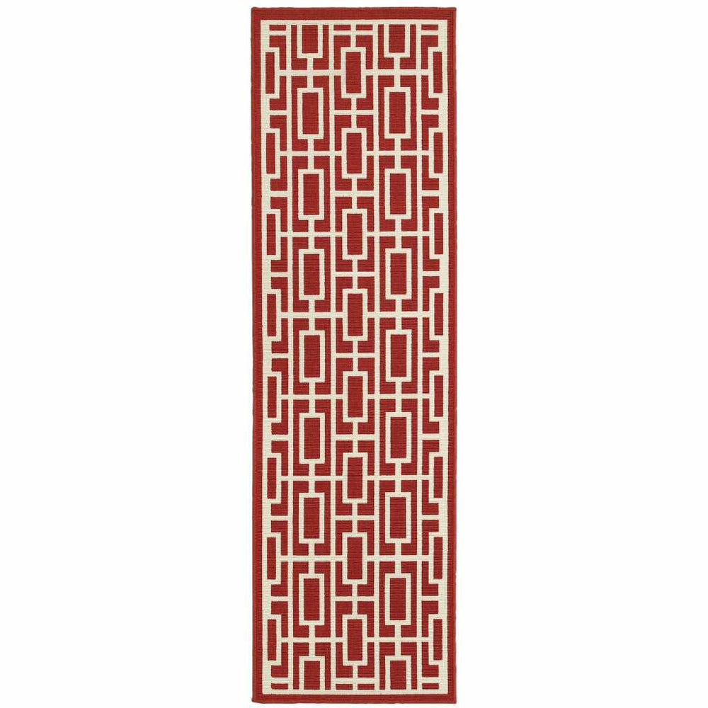 2' X 8' Red and Ivory Geometric Stain Resistant Indoor Outdoor Area Rug - Homeroots - Flyclothing LLC