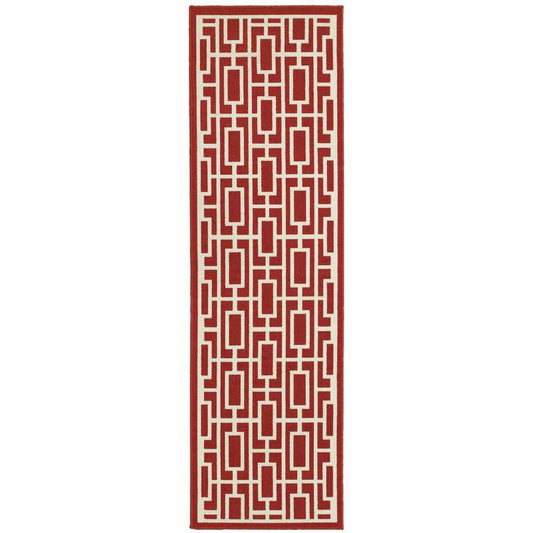 2' X 8' Red and Ivory Geometric Stain Resistant Indoor Outdoor Area Rug - Homeroots - Flyclothing LLC