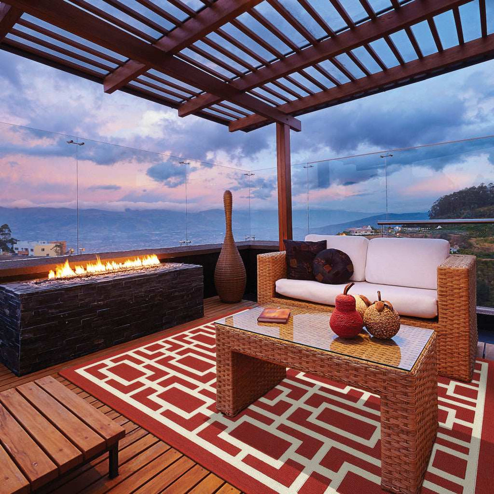 5' X 8' Red and Ivory Geometric Stain Resistant Indoor Outdoor Area Rug - Homeroots - Flyclothing LLC