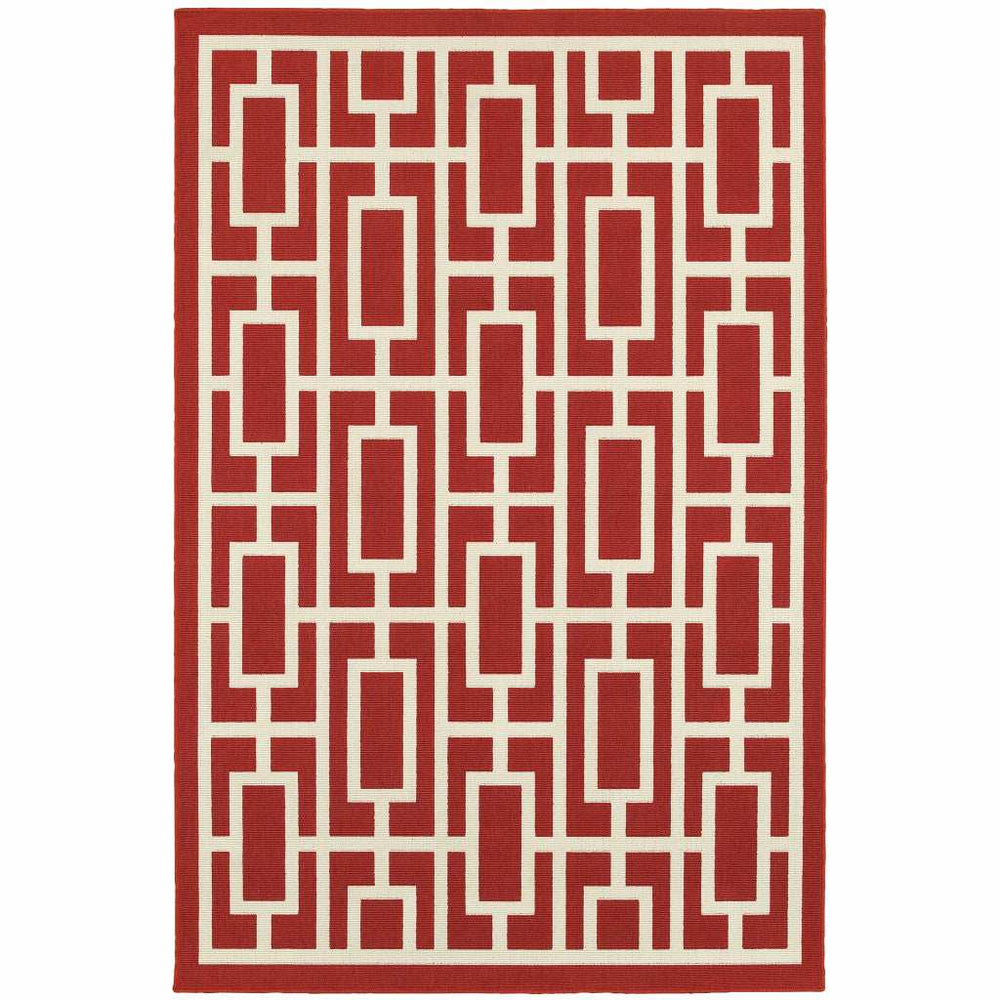 7' X 10' Red and Ivory Geometric Stain Resistant Indoor Outdoor Area Rug - Homeroots - Flyclothing LLC
