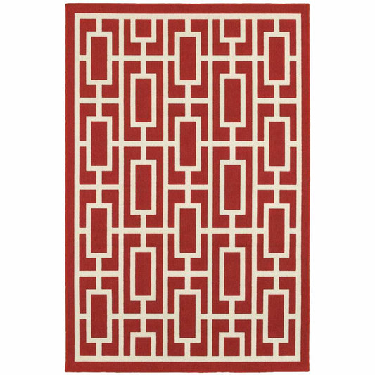 8' X 11' Red and Ivory Geometric Stain Resistant Indoor Outdoor Area Rug - Homeroots - Flyclothing LLC