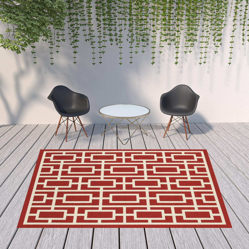 8' X 11' Red and Ivory Geometric Stain Resistant Indoor Outdoor Area Rug - Homeroots - Flyclothing LLC
