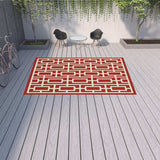 9' X 13' Red and Ivory Geometric Stain Resistant Indoor Outdoor Area Rug - Homeroots - Flyclothing LLC