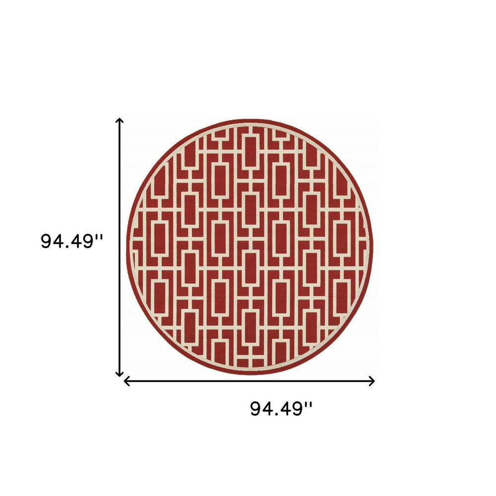 8' X 8' Red and Ivory Round Geometric Stain Resistant Indoor Outdoor Area Rug - Homeroots - Flyclothing LLC