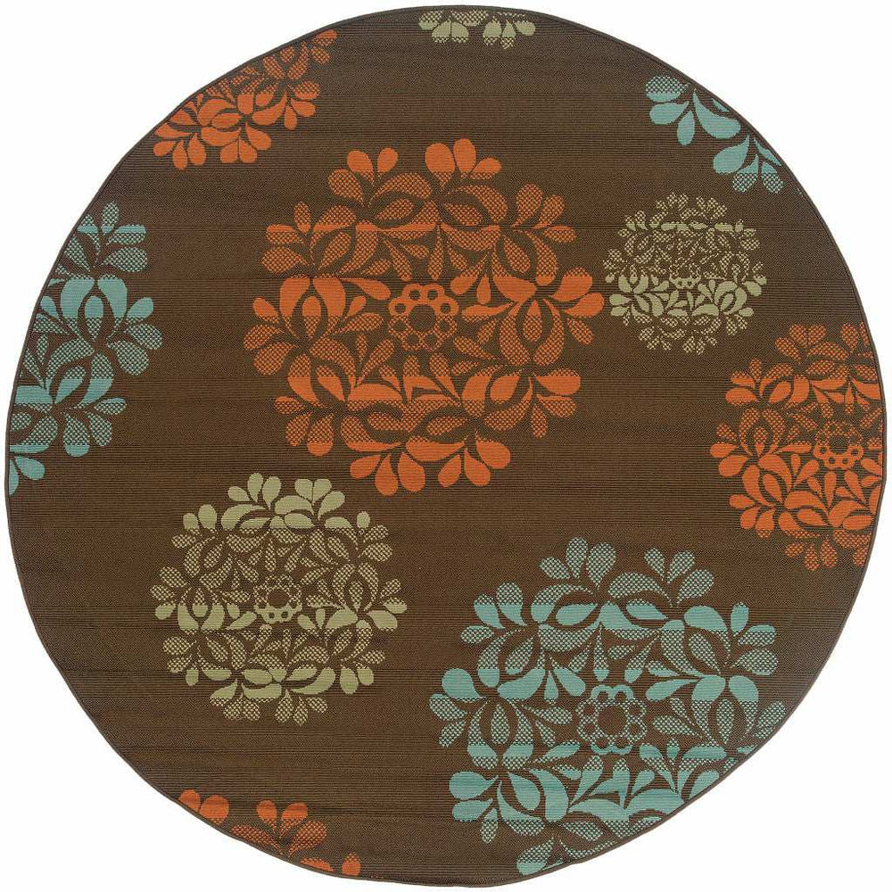 8' X 8' Brown Round Floral Stain Resistant Indoor Outdoor Area Rug - Homeroots - Flyclothing LLC