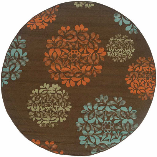 8' X 8' Brown Round Floral Stain Resistant Indoor Outdoor Area Rug - Homeroots - Flyclothing LLC