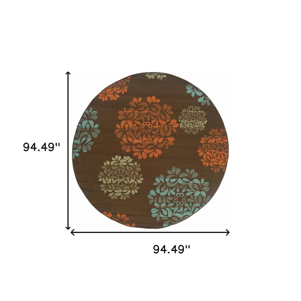 8' X 8' Brown Round Floral Stain Resistant Indoor Outdoor Area Rug - Homeroots - Flyclothing LLC