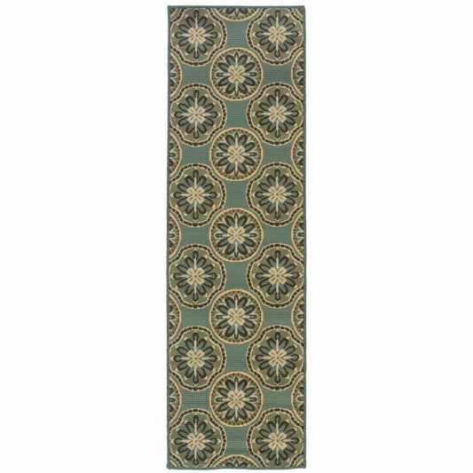2' X 8' Blue and Ivory Floral Stain Resistant Indoor Outdoor Area Rug - Homeroots - Flyclothing LLC