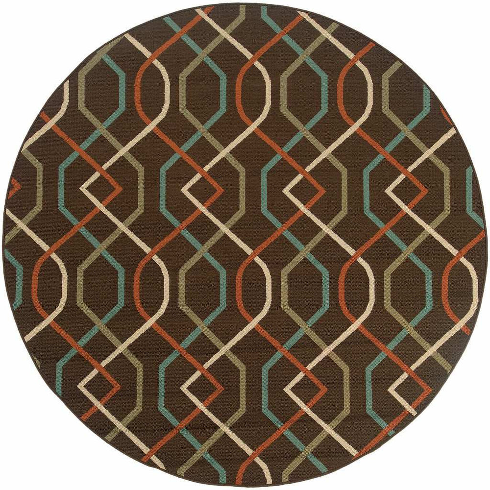 8' X 8' Brown and Ivory Round Geometric Stain Resistant Indoor Outdoor Area Rug - Homeroots - Flyclothing LLC