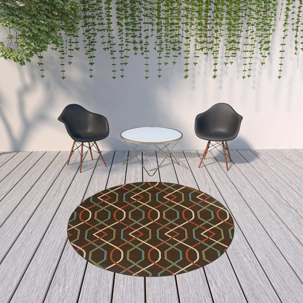 8' X 8' Brown and Ivory Round Geometric Stain Resistant Indoor Outdoor Area Rug - Homeroots - Flyclothing LLC