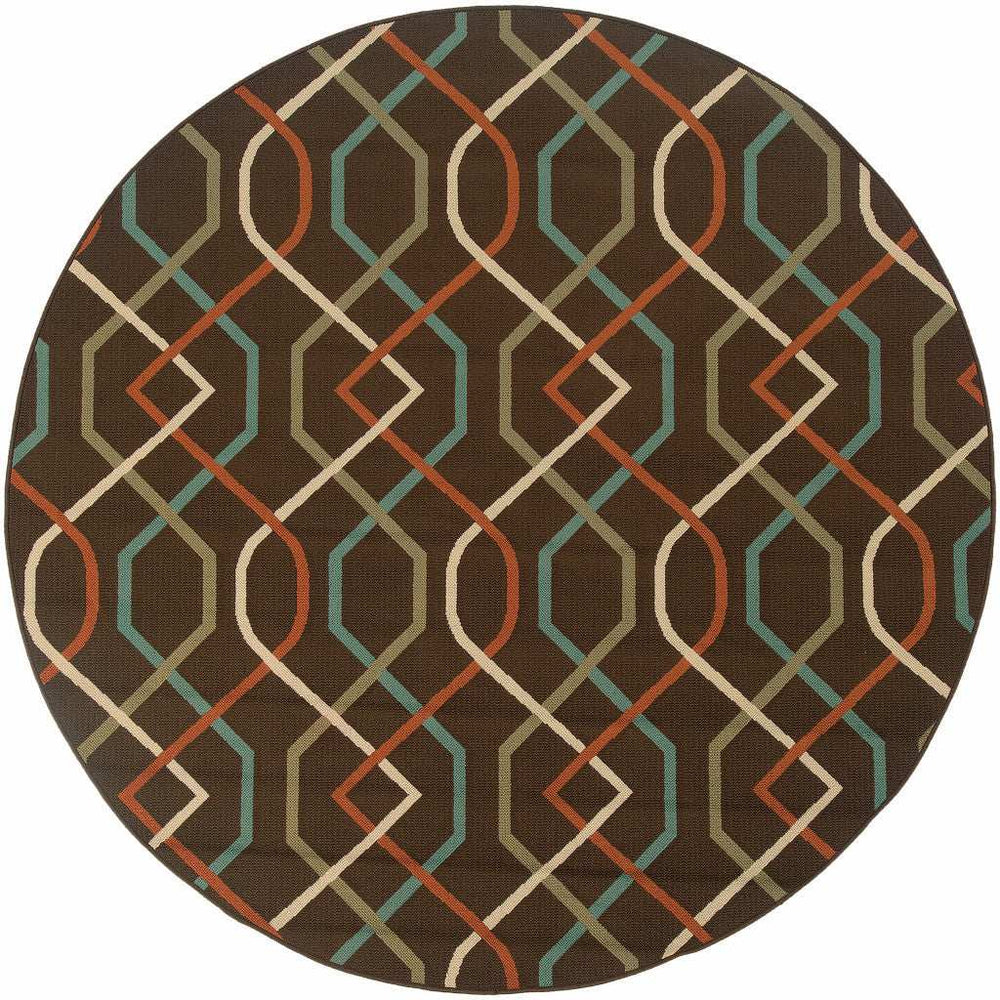 8' X 8' Brown and Ivory Round Geometric Stain Resistant Indoor Outdoor Area Rug - Homeroots - Flyclothing LLC