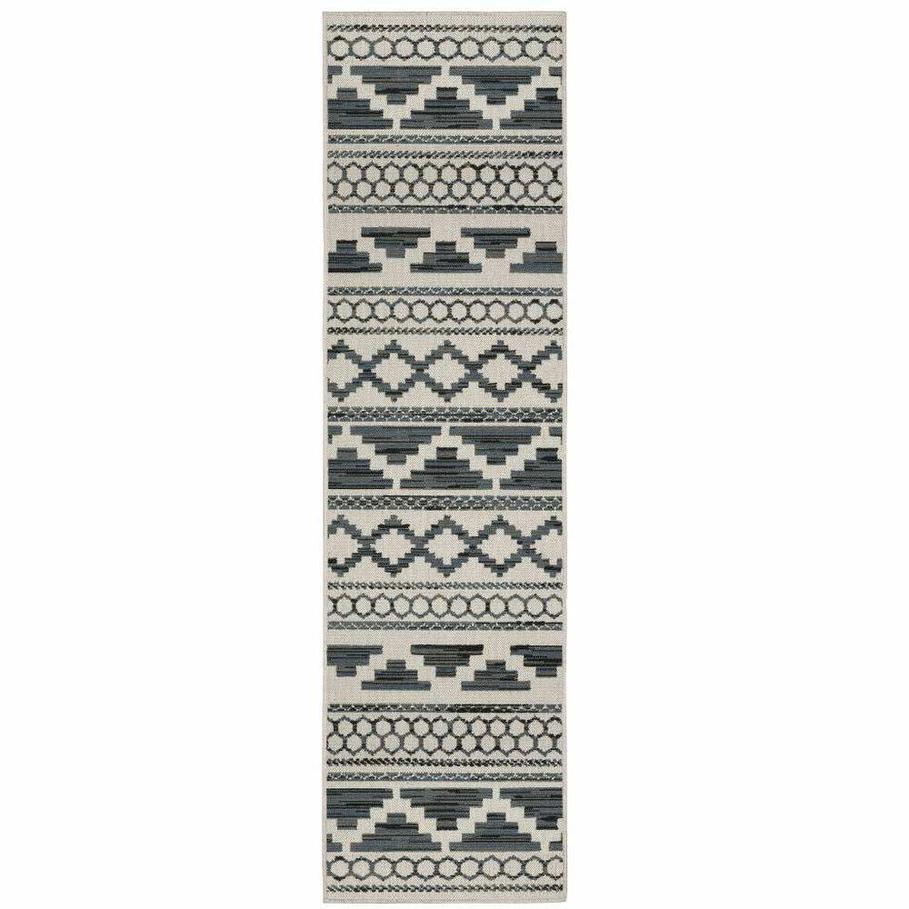 2' X 7' Blue and Beige Geometric Stain Resistant Indoor Outdoor Area Rug - Homeroots - Flyclothing LLC