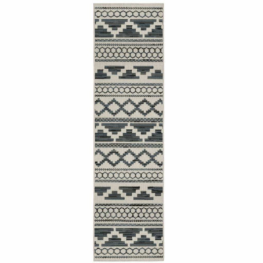 2' X 7' Blue and Beige Geometric Stain Resistant Indoor Outdoor Area Rug - Homeroots - Flyclothing LLC