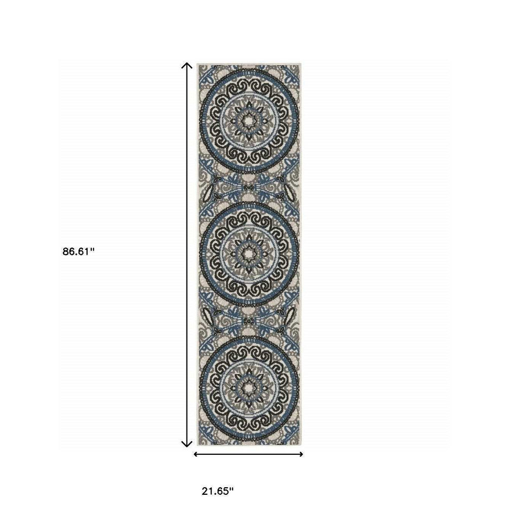 2' X 7' Blue and Beige Geometric Stain Resistant Indoor Outdoor Area Rug - Homeroots - Flyclothing LLC