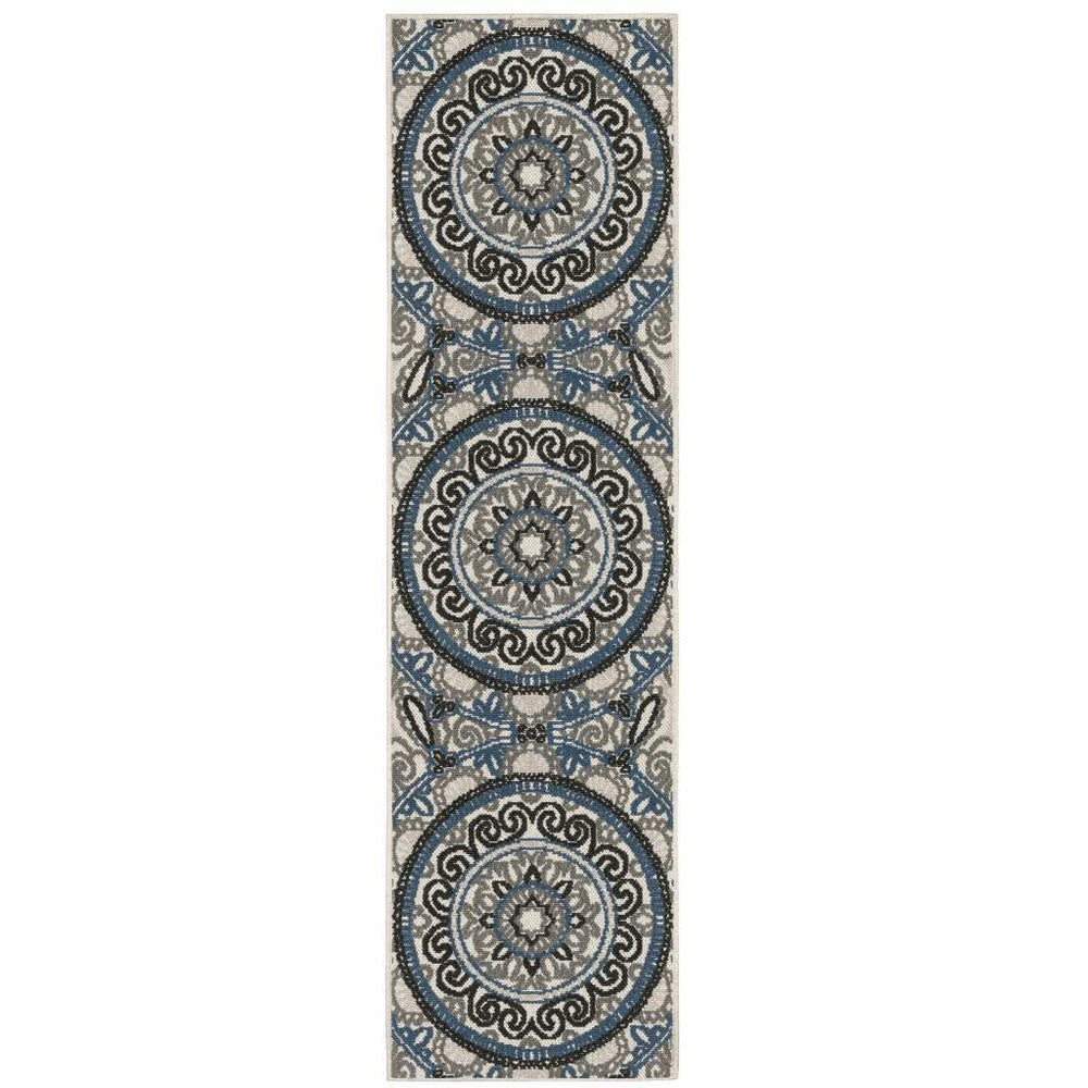 2' X 7' Blue and Beige Geometric Stain Resistant Indoor Outdoor Area Rug - Homeroots - Flyclothing LLC