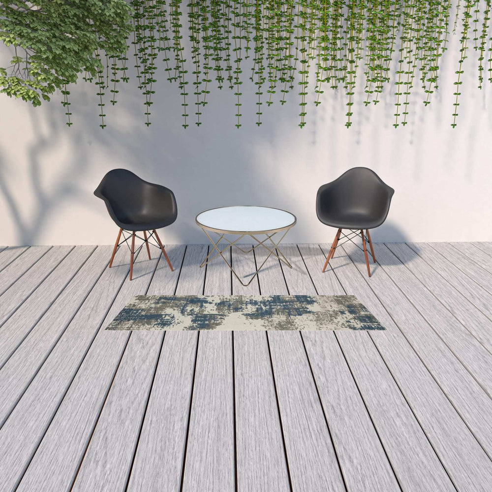 2' X 7' Blue and Beige Abstract Stain Resistant Indoor Outdoor Area Rug - Homeroots - Flyclothing LLC