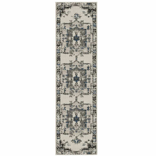 2' X 7' Blue and Beige Oriental Stain Resistant Indoor Outdoor Area Rug - Homeroots - Flyclothing LLC
