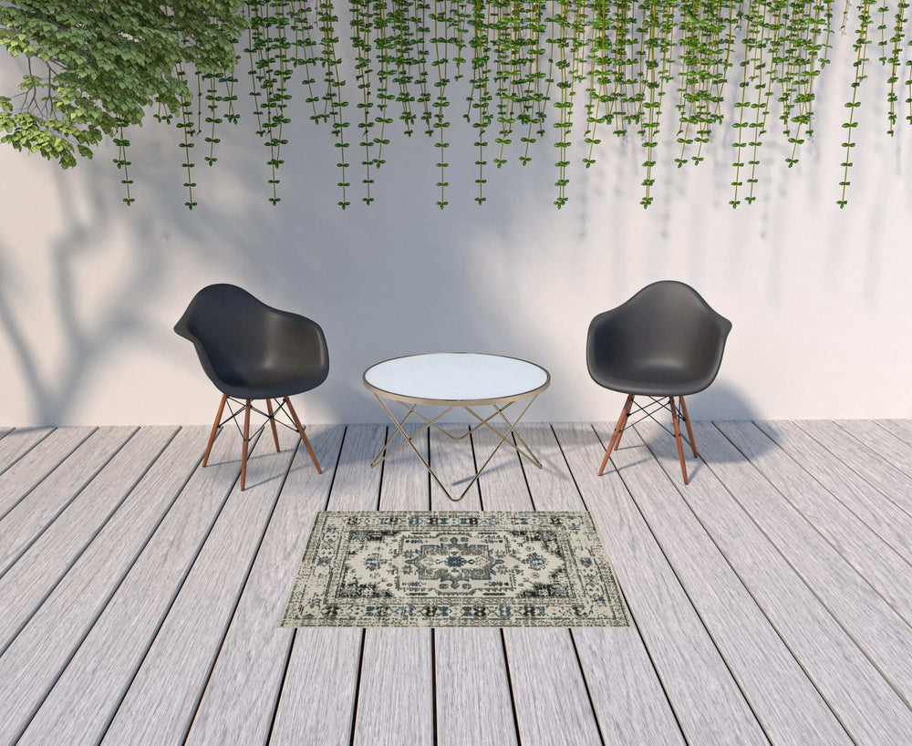3' X 5' Blue and Beige Oriental Stain Resistant Indoor Outdoor Area Rug - Homeroots - Flyclothing LLC