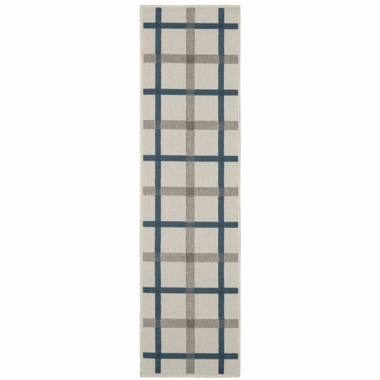 2' X 7' Blue and Beige Geometric Stain Resistant Indoor Outdoor Area Rug - Homeroots - Flyclothing LLC