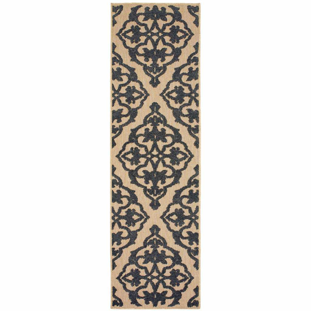 2' X 8' Beige and Black Oriental Stain Resistant Indoor Outdoor Area Rug - Homeroots - Flyclothing LLC