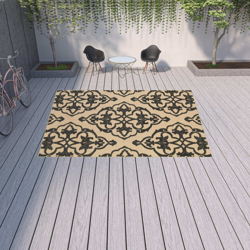 10' X 13' Beige and Black Oriental Stain Resistant Indoor Outdoor Area Rug - Homeroots - Flyclothing LLC