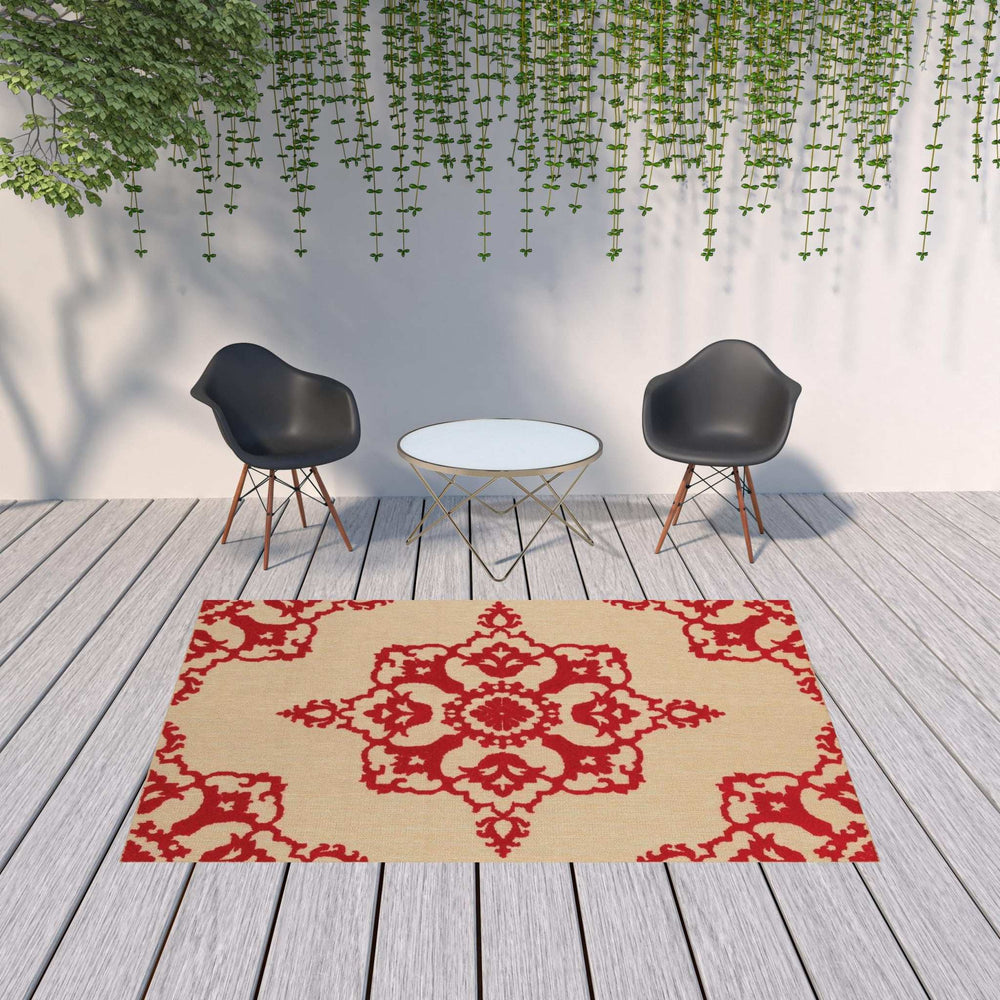 7' X 10' Red Oriental Stain Resistant Indoor Outdoor Area Rug - Homeroots - Flyclothing LLC
