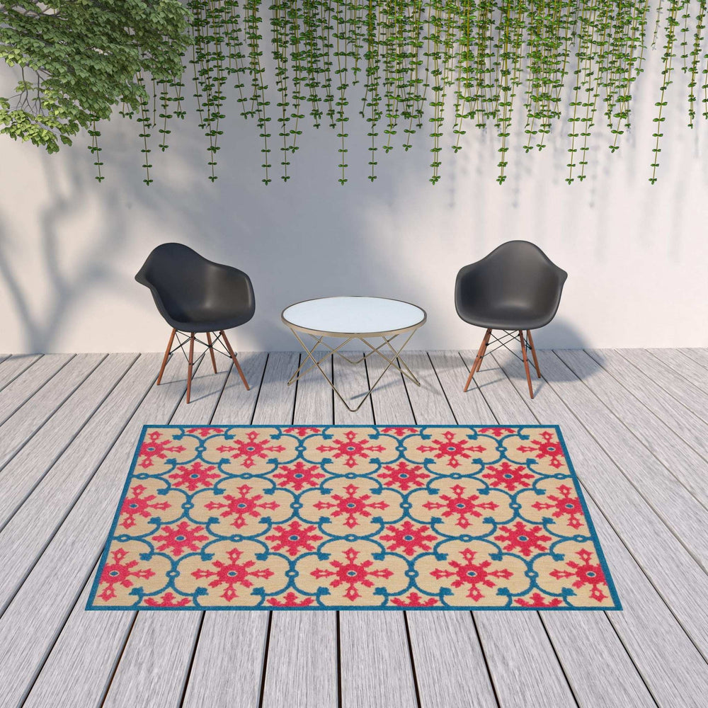 7' X 10' Blue and Beige Oriental Stain Resistant Indoor Outdoor Area Rug - Homeroots - Flyclothing LLC